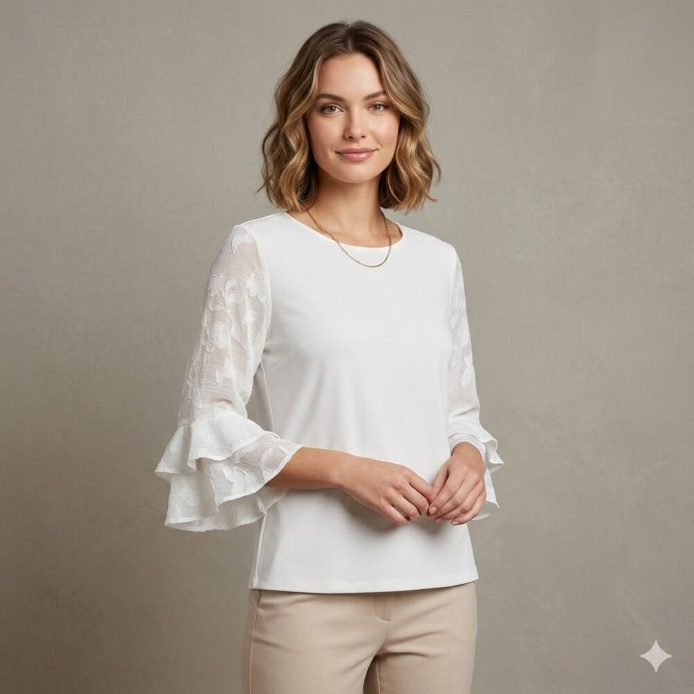 CeCe Dove White Tiered Ruffle Floral Appliqué Bell Sleeve Boho Blouse SZ L